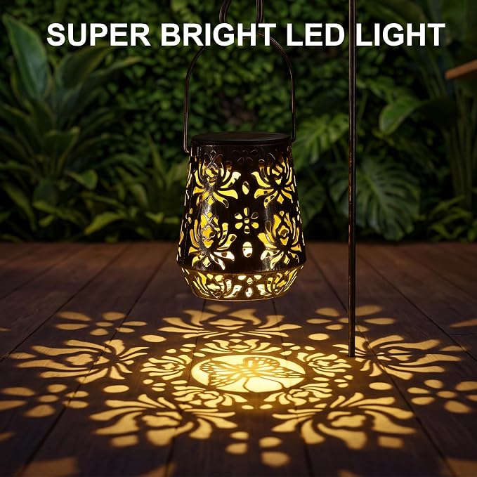 Edenseelake 2 Pack Solar Hanging Lanterns Outdoor Waterproof, Metal Flower Solar Lights, Decorative LED Lantern for Garden, Patio, Porch, Yard, Lawn, Bronze