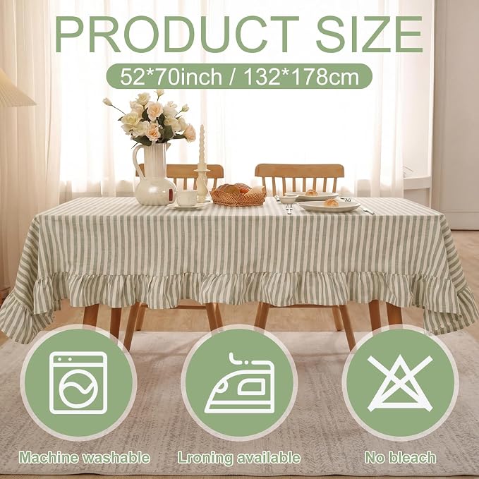Boao Cotton 52 x 70 Inch Farmhouse Ruffle Tablecloth Sage Green White Striped Flounces Trim Table Cover for Rectangle Table Kitchen Party Wedding Decor