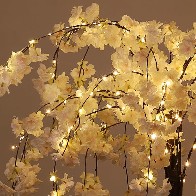 OUSHENG Lighted Cherry Blossom Tree LED Artificial Trees for Decoration Inside, Light up Fake Plant with Faux Flower for Home Wedding Party Festival Christmas Indoor Decor, Warm White, 4FT