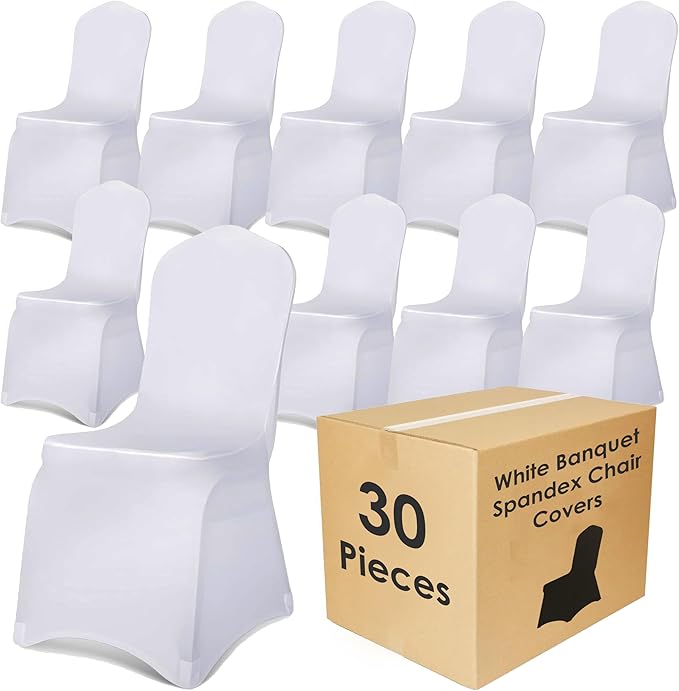 Craft And Party 30 Pack White Spandex Chair Covers – Stretch Polyester Slipcovers for Wedding, Banquet, Party & Dining Chairs – Flat Front Design, Universal Fit