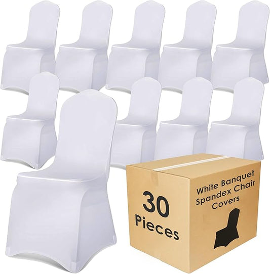 Craft And Party 30 Pack White Spandex Chair Covers – Stretch Polyester Slipcovers for Wedding, Banquet, Party & Dining Chairs – Flat Front Design, Universal Fit