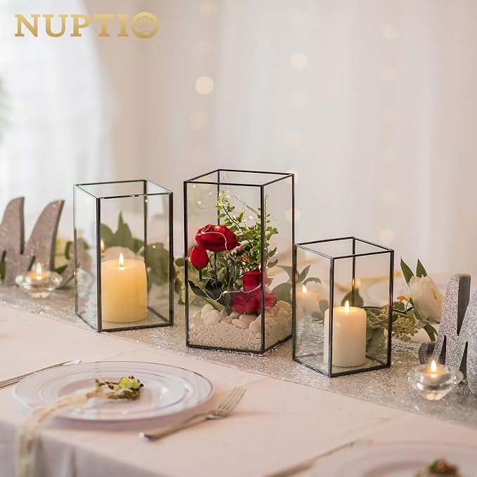 Nuptio Glass Candle Holders Hurricane Holder for Pillar Candles 18 Pcs Black Metal Candle Holders Large Rectangular Candleholder Vase Centerpieces Decoration for Wedding Party 9.5 & 8.1 & 6.5 inch