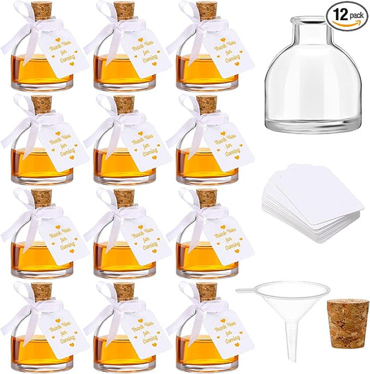 Dingion 12 Pcs Mini Glass Liquor Bottles 1.7 oz Small Glass WineBottle Set for Wedding Empty Bottles with Corks Silk Ribbon Funnel Tags and Ropes for Wine Juice Alcohol Wedding Party Favors