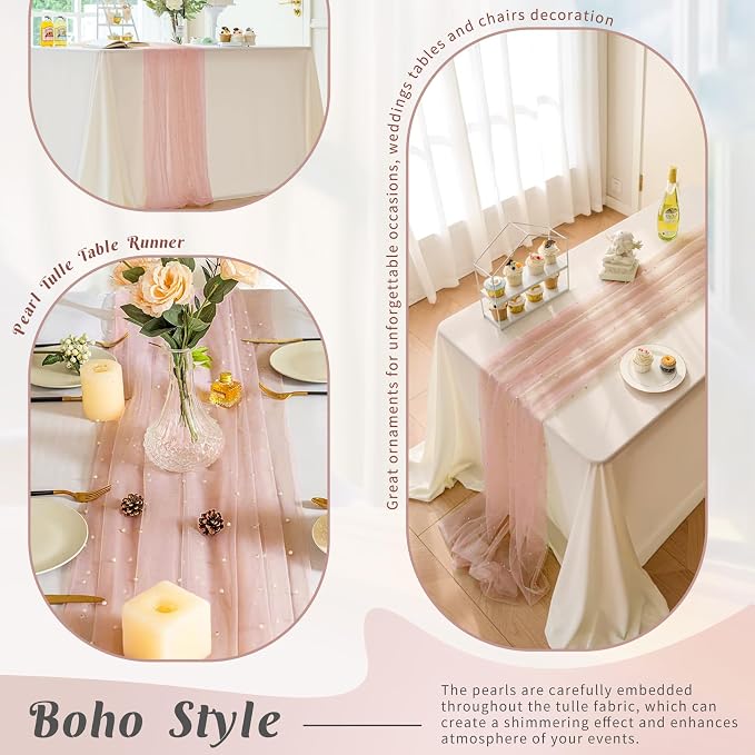 Pearl Table Runner 29 x 120 Inch Tulle Fabric Lace Table Runners for Bridal Shower Birthday Party Wedding Arch Dessert Table Decor(1 Pack, Dusty Pink)
