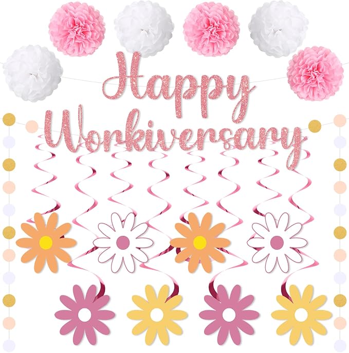16pcs Happy Work Anniversary Decorations Banner Rose Gold Pink Happy Workiversary Banner Hanging Swirls Circle Dot Garland Pompoms for 10th 25th Work Anniversary Employee Appreciation Decorations