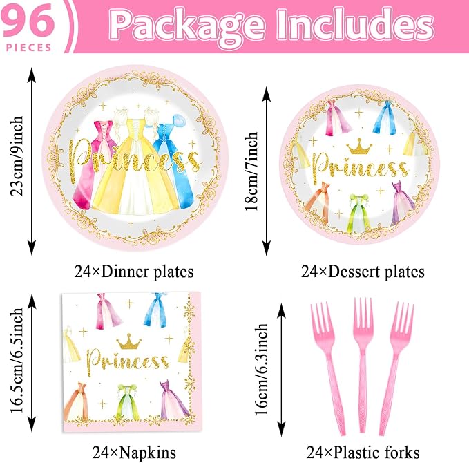 96Pcs Princess Birthday Party Decorations Princess Themed Tableware Castle Dress Plates Napkins Forks Crown Dinnerware Party Supplies for Girls Bridal Engagement Baby Shower Serve 24 Guests