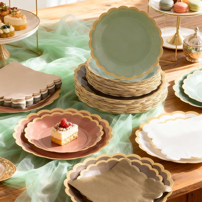 Zhehao 150 Pcs Woodland Plates and Napkins Tableware Serves 50 Includes 9 Inch 7 Inch Green and Brown Scalloped Design Paper Plate and Napkins for Wedding Birthday Baby Shower Party