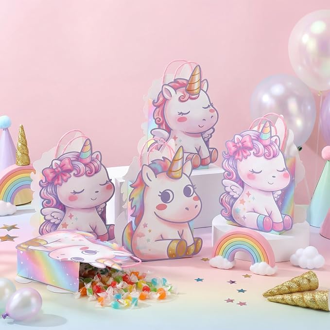 Tosstuki 24 Pcs Unicorn Birthday Party Favor Bags 3D Paper Cute Rainbow Horse Gift Treat Bags with Handle Kraft Paper Decorations for Unicorn Themed Party Candy Treats, Events Decorations & Supplies