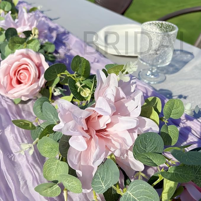 Artificial Flower Garland，6.5Ft Fake Dahlia Rose Flowers Garland Floral Eucalyptus Greenery Vine for Wedding Arch，Table Runner Centerpieces Backdrop Room Wall Hanging Plant Decor（Pink）