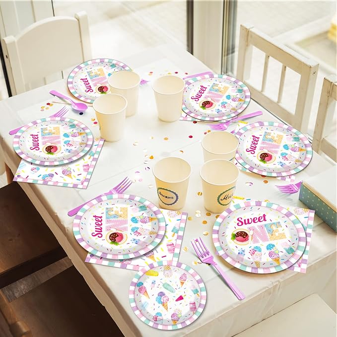 chiazllta 96Pcs Sweet One Ice Cream 1st Birthday Party Paper Plates and Napkins Supplies, Ice Cream First Birthday Tableware Decorations for Party Favors 24 Guests