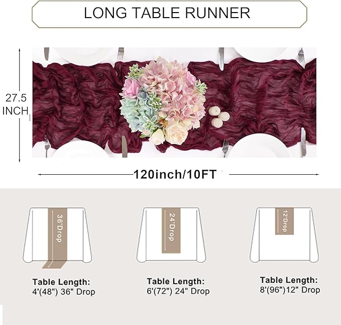 Snowkingdom Burgundy Red Easter Spring Table Runner, 10 Ft Cheesecloth Gauze Rustic Boho Cheese Cloth Runner for Wedding Birthday Bridal Baby Shower Christmas Holiday Long Sheer Home Decorations