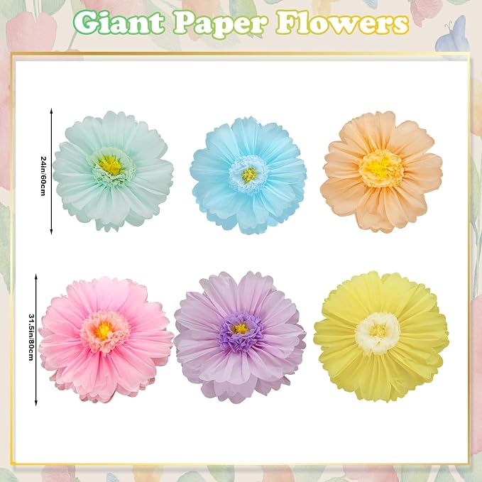 Giegxin 6 Pcs 31.5", 24" Pastel Giant Paper Flower Colorful Large Tissue Paper Flower for Wall Big Pastel Floral Decorations for Wall Wedding Bridal Shower Baby Shower Mexican Fiesta Crepe Birthday