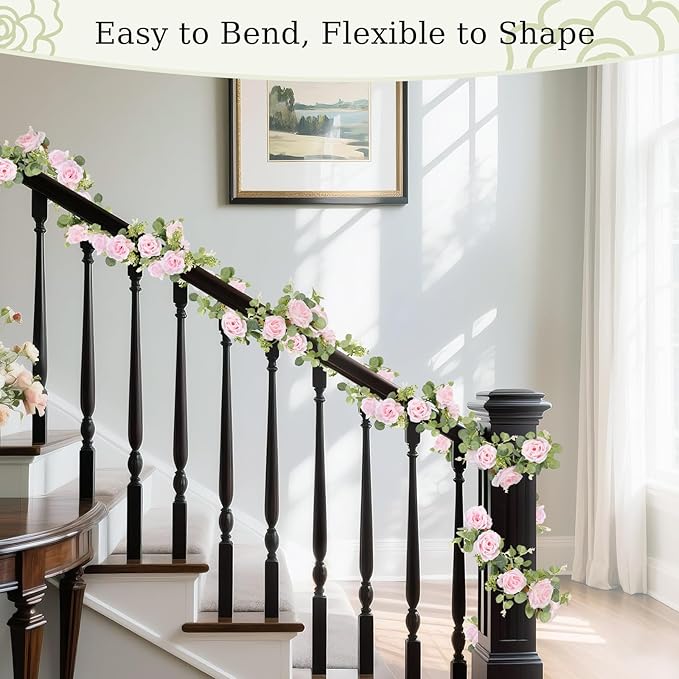 Lewondr Artificial Eucalyptus Garland with Flower - 8 Roses, 6FT Faux Floral Greenery Garlands Fake Flowers Vines, Maintenance-Free for Wedding Table Backdrop Party Centerpiece Room Decor, Pink