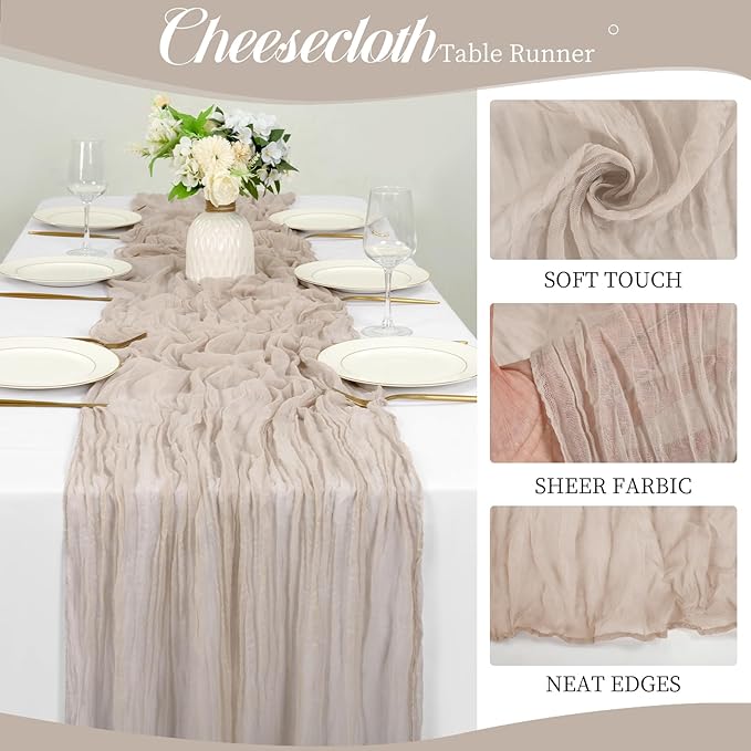 12 Pack 10Ft Rosy Brown Cheesecloth Table Runner 35 x 120 inch Boho Gauze Cheese Cloth Table Runner Vintage Rustic Sheer Runners for Wedding Bridal Shower Birthday Party Cake Table Decorations