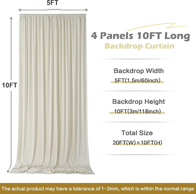 20 ft x 10 ft Wrinkle Free Champagne Backdrop Curtain for Parties, 4 Panels 5x10ft Silky Polyester Wedding Backdrop Drapes Photo Back Drop Cloth for Birthday Baby Shower Photography Background