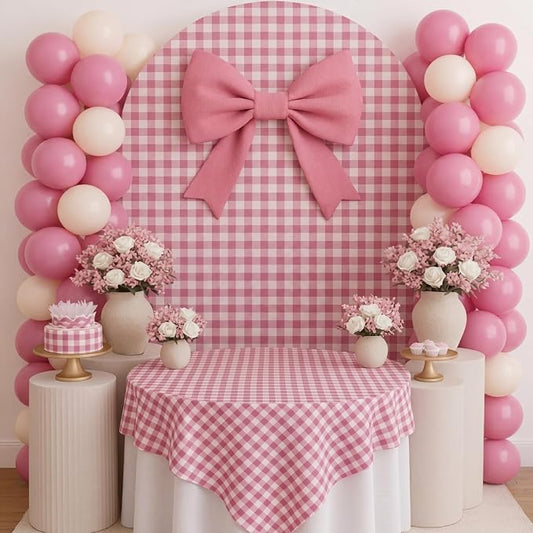 Lunmon 160 Pcs Pink Gingham Decorations Coquette Birthday Decor Include 7.2 ft Arch Backdrop Covers Large Bows Coquette Gingham Tablecloth 120 Pink and White Balloons and Balloon Stand Clips