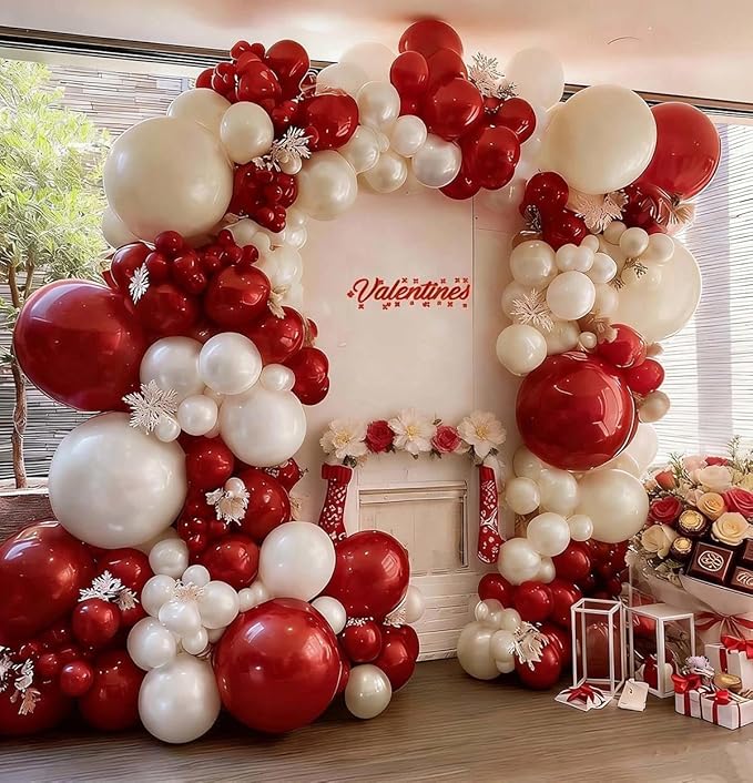 Red White Balloon Garland Dark Red Double Stuffed Balloons Arch Kit Set For Birthday Mothers Day Valentine Engagement Anniversary Bridal Shower Party Decorations