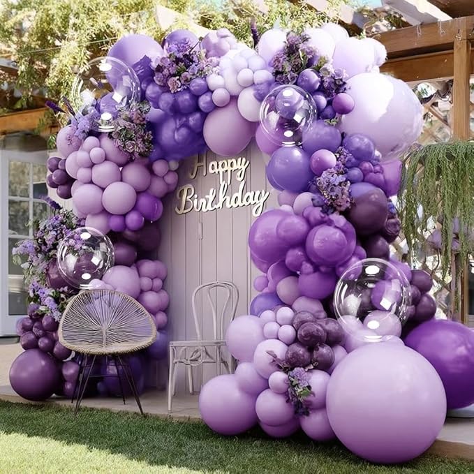 Purple Lavender Balloon Arch Double Stuffed Dark Purple Lilac Balloon Garland Kit With Clear Balloons for Birthday Wedding Butterfly Bridal Baby Shower Fairy Wild Flower Valentine Party Decor