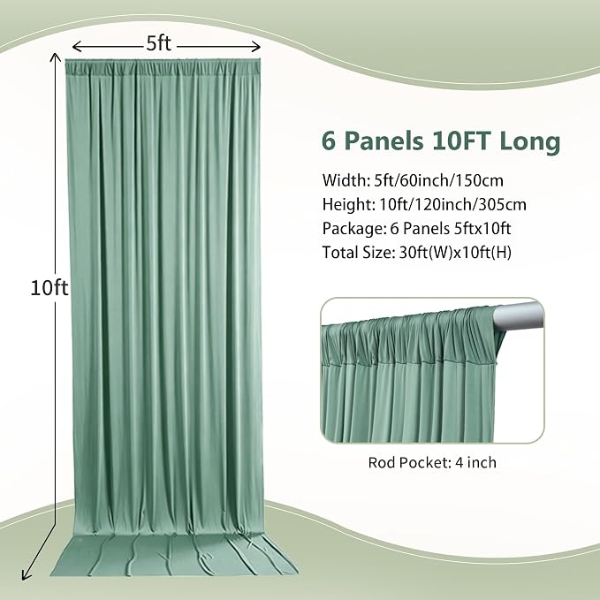 30ft×10ft Wrinkle Free Sage Green Backdrop Curtain for Parties | 6 Panels 5ft×10ft Soft Silky Polyester Green Photo Backdrop Drapes for Wedding Forest Party Baby Shower Decor Back Drop Cloth
