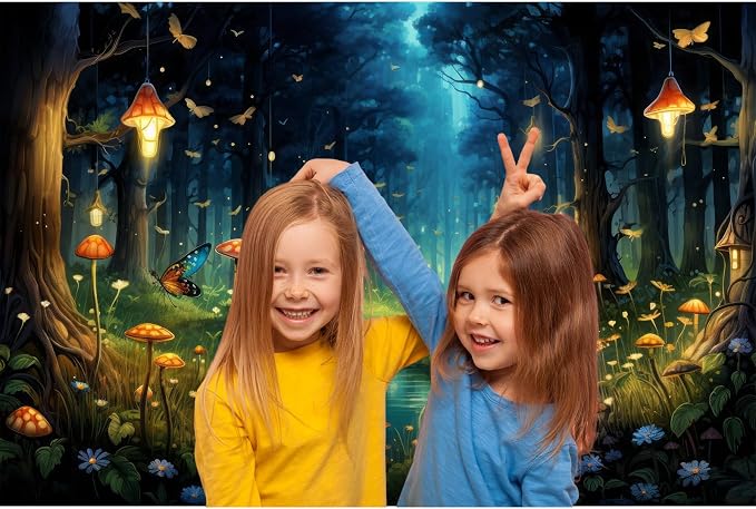Fantasy Forest Backdrop Night Magical Forest Mushroom Tranquil Stream Photography Background Rainforest Jungle Tree Natural Landscape Backdrop Decorations Glittering Luminous Mushroom Props 8x6ft
