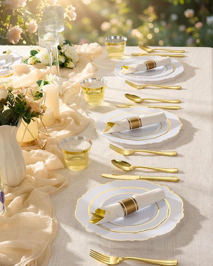 175 Piece White Gold Plastic Dinnerware Set for 25 Guests Elegant Disposable Dinnerware for Weddings, Parties, 50 Plastic Plates, 25 Pre Rolled Napkins with Silverware, 25 Cups
