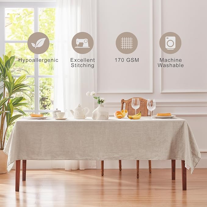 TOSMO 100% French Linen Tablecloth, Washable Farmhouse Rectangle Table Cloth for Kitchen, Dining, Party, Cocktail, Indoor and Outdoor Daily Use(60''x144'',Natural Linen)