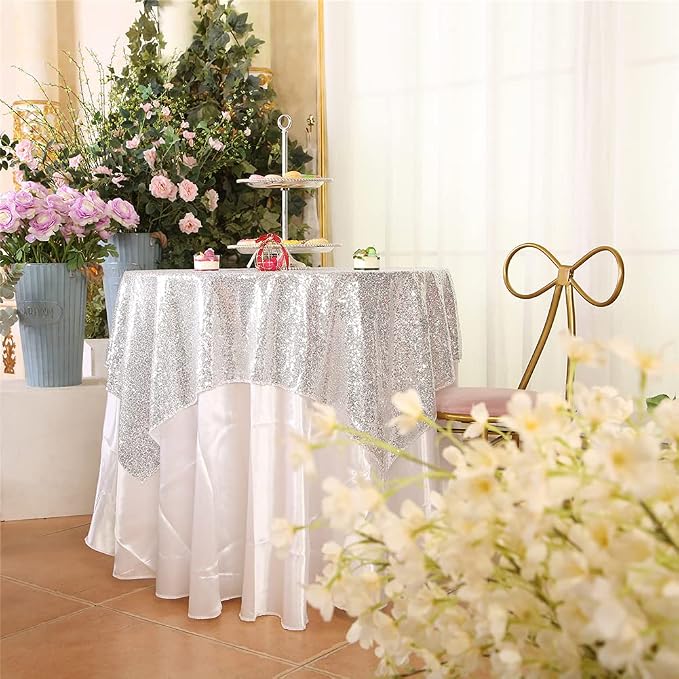 Eternal Beauty Silver Tablecloth, 50x50 Inch Sequin Square Glitter Table Cover for Cake Dessert Exhibition Party Birthday Events