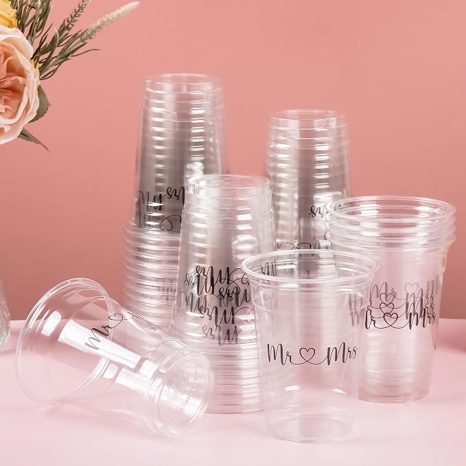 AimFun 50Pcs Mr and Mrs Plastic Cups Wedding Bridal Shower Disposable Party Cups Wedding Reception 12oz Clear Drinking Cup for Anniversary Birthday Party Supplies Decorations (50, Black)