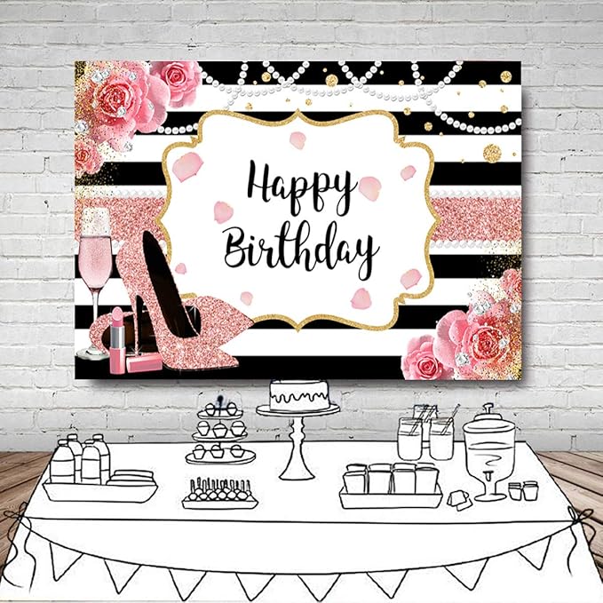 Sensfun 10x6.5ft Pink Floral Happy Birthday Backdrop for Women Glitter Rose Gold High Heel Champagne Photography Background Black Stripes Decorations Girl Sweet Birthday Party Banner Photo Booth Props