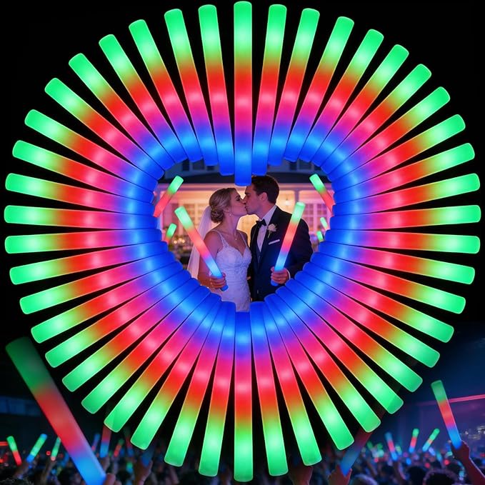 wellent 70PCS LED Foam Glow Sticks Bulk, Foam Light Up Sticks with 3 Colorful Flashing Modes, Glow in Dark Party Supplies, Party Light Sticks Pack for Wedding, Concert, New Year, Halloween, Christmas