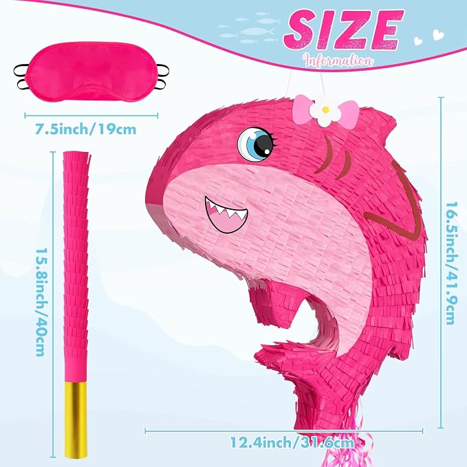 WERNNSAI Pink Shark Piñata - Girl Shark Party Piñata Game Ocean Birthday Decor Baby Shower Party Favors Under the Sea Classroom Decor Home Family Fun with Blindfold Bat