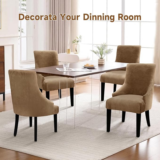 Velvet Wingback Dining Chair Cover Soft Stretch Accent Chair Cover Slipcover Thick Plush Wing Back Chairs Covers Furniture Protect Washable Chairs Protector Covers for Dining Room (Brown, 4)