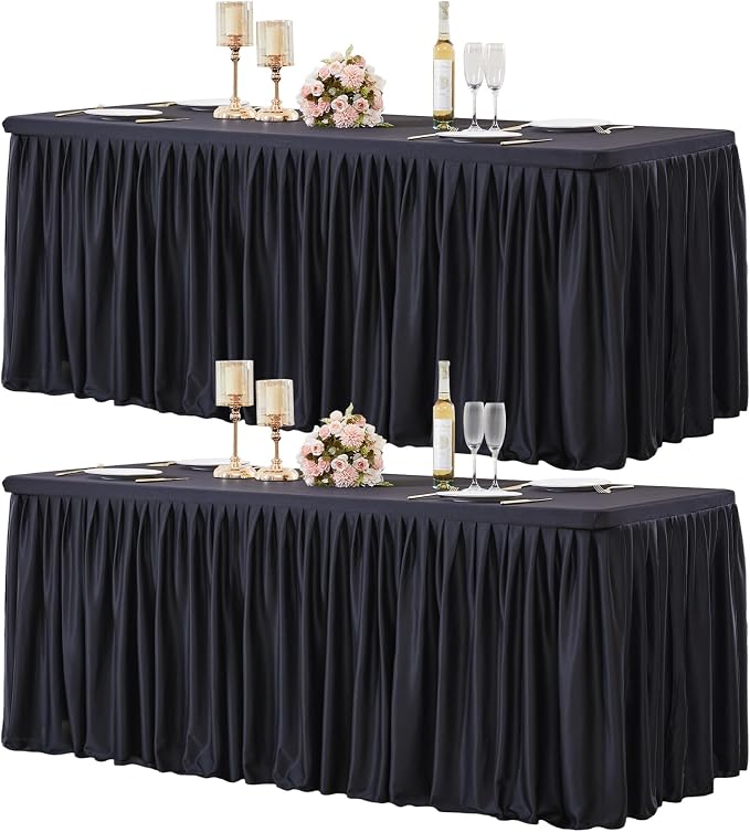 2 Packs Black Tableclothes for 4 Foot Rectangle Tables, Wrinkle Free Fitted Table Cloth 4ft Stretch Table Cover with Skirt for Parties Weddings Birthday Banquet Baby Shower