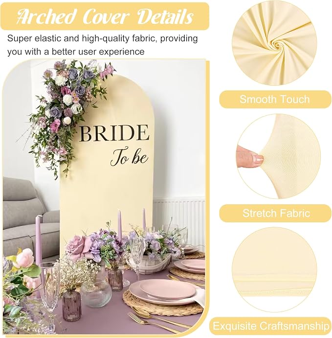 Metal Arch Stand and Cover Set,1 Beige Spandex Fitted Backdrop with 1 Gold Wedding Arched Stand Frame for Parties Birthday Baby Shower Bridal Banquet Decoration (7.2FT)