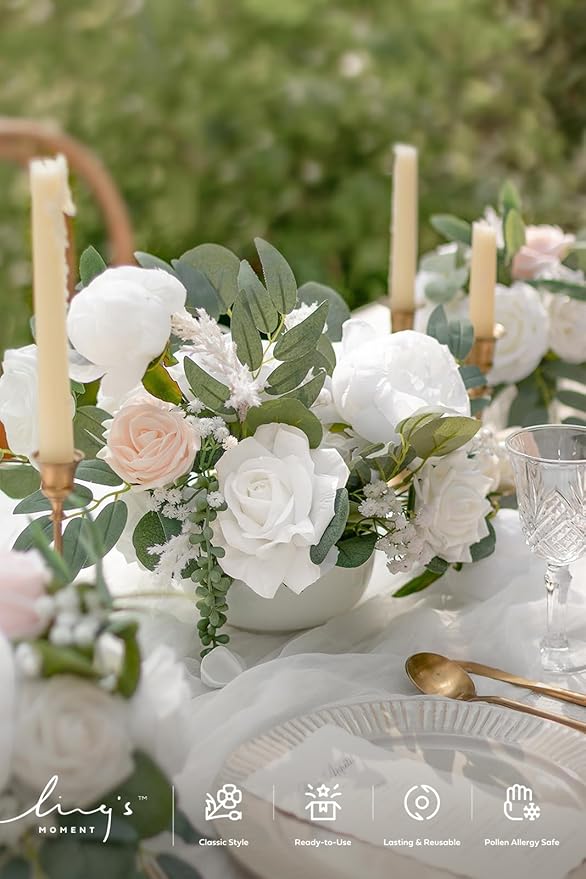 Ling's moment Fake Flowers Box, Faux Artificial Greenery Stems Foam Roses Silk Peonies Willow Fabic Flower for Centerpieces Bouquet Wedding Vase Floral Decorations, White & Blush, Grand Combo
