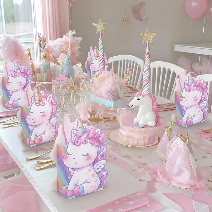 Tosstuki 24 Pcs Unicorn Birthday Party Favor Bags 3D Paper Cute Rainbow Horse Gift Treat Bags with Handle Kraft Paper Decorations for Unicorn Themed Party Candy Treats, Events Decorations & Supplies