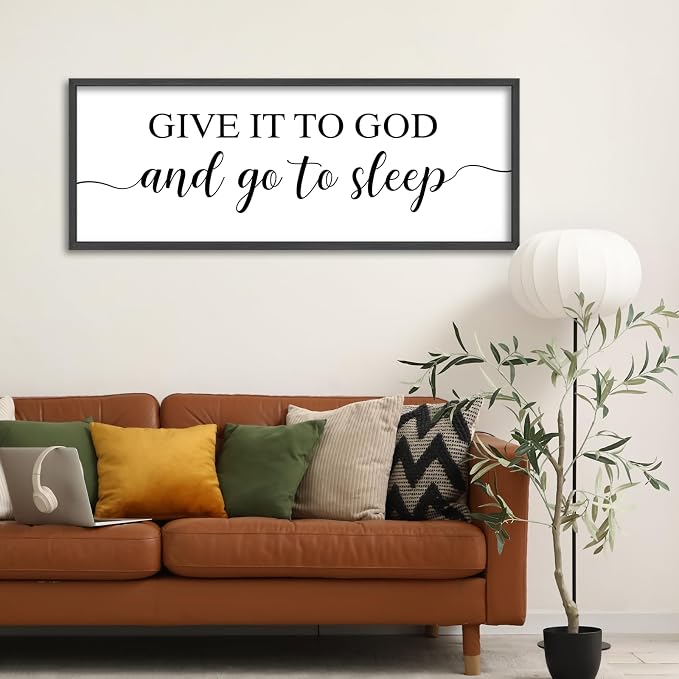 Give It To God And Go To Sleep Bedroom Wall Decor Above Bed Christian Art | 40x15 Inch Large Rustic Black Wood Framed Farmhouse sign Wall Art for Master Guest Room Over Bed Plaque Ready to Hang