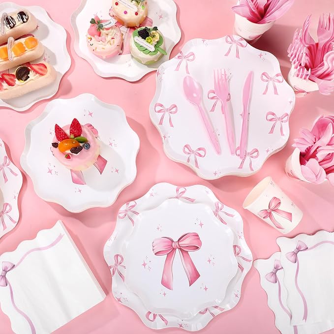 Ziliny 350 Pcs Bow Pink Party Supplies Tableware Set Disposable 9'' 7'' Paper Plates 9 oz Cups Cutlery Napkins Dinnerware Set for 1st Birthday, Serve 50 (Bow, Pink)