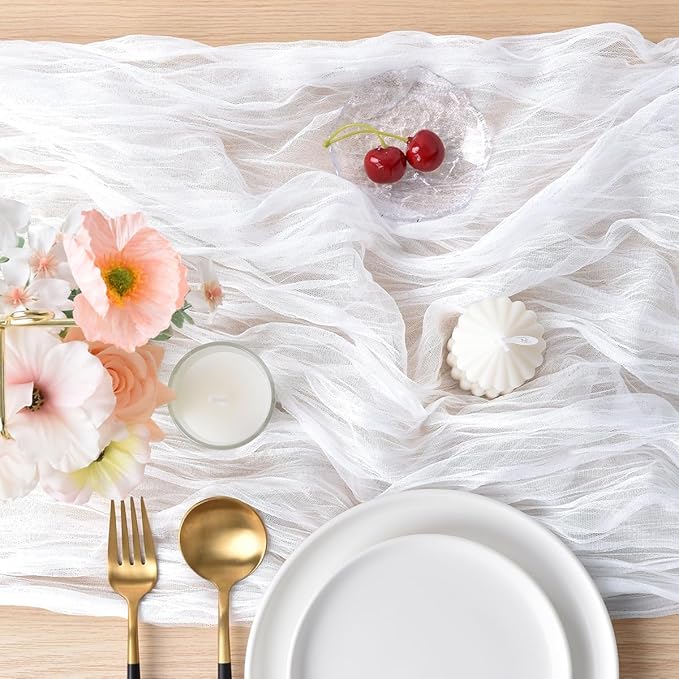 Joanlody Ivory Cheesecloth Table Runner Spring Summer 10Ft Rustic Gauze Boho Cheese Cloth Table Runner for Wedding Bridal Baby Shower Decoration