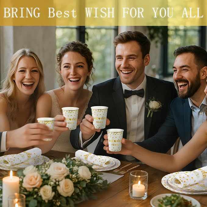 MotiMind 120 Pcs Best Day Ever Wedding Tableware Set Wedding Reception Party Supplies Beverage Table Decorations White and Gold Dot Paper Plates, Cups, Napkins, Forks for 24 Guests