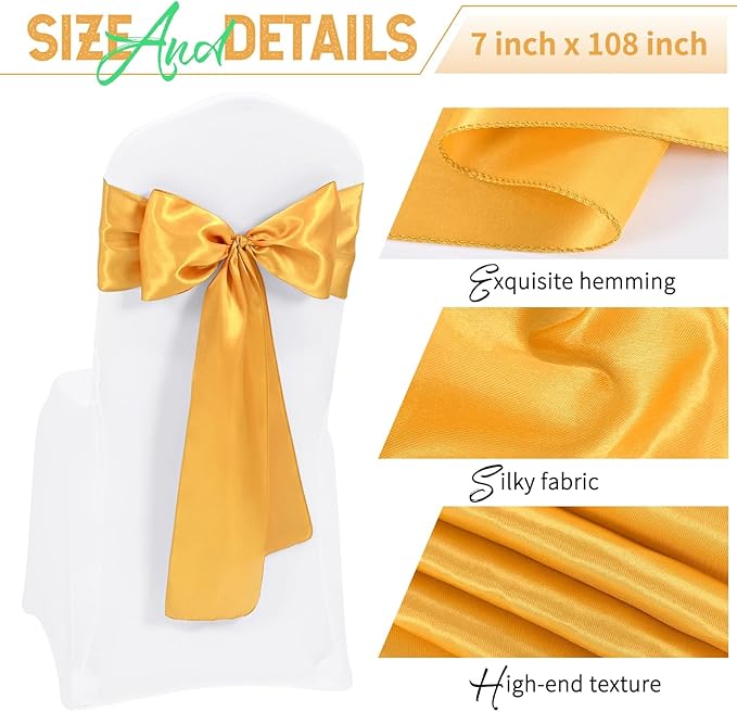 120 PCS Gold Satin Chair Sashes, Ties Bows Designed Chairs Decorative, Chair Cover Sashes for Thanksgiving Wedding Christmas Banquet Party Home Kitchen Decoration (7 x 108 inch)