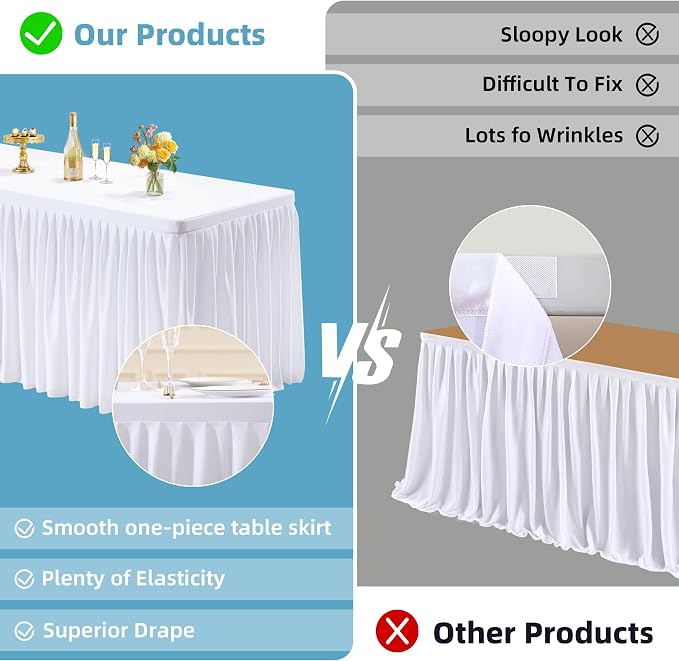 PARTISKY 6 Pack White Tablecloths for Rectangle Tables 6ft, Wrinkle Resistant White Table Cover Fitted Stretch Table Cloth with Pleated Ruffle Skirts for Party Banquet Dining Birthday Wedding