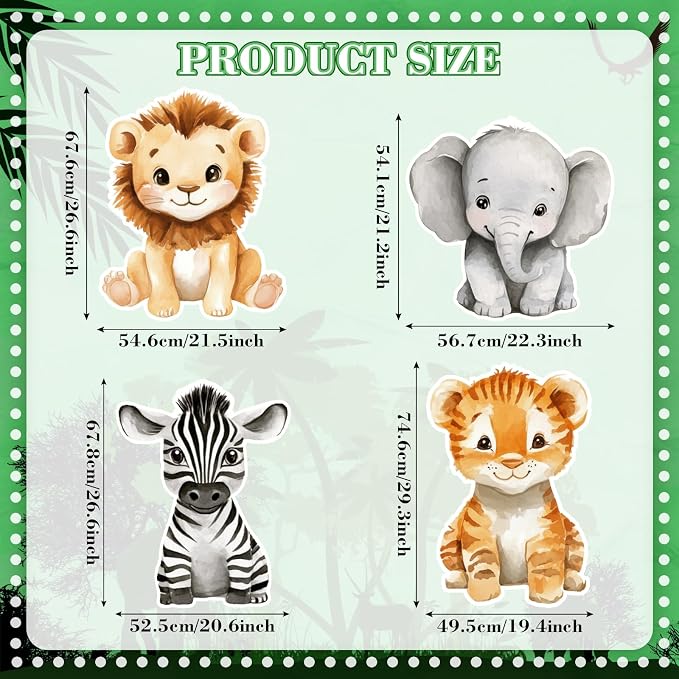 Honoson 4 Pcs Large 24" x 32" Safari Animals Cardboard Cutouts Standup Life Size, Wildlife Jungle Birthday Party Decoration Yard Signs for Baby Shower Forest Camp Themed Lawn Classroom Photo Backdrop