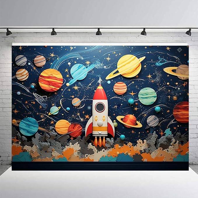 Universe Space Boy Birthday Backdrop for Photography Kids Astronaut Themed Birthday Party Decoration Children's Birthday Planet Party Background Night Sky Star Outer Space Backdrop (7X5FT)