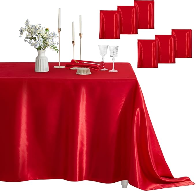 6 Pack Satin Table Cover Rectangle Silkly Soft Table Cloth, Satin Dining Table Cloths for Wedding Banquet Table Decoration, Dining Room, Indoor and Outdoor Use, 60 x 102 Inches, Red