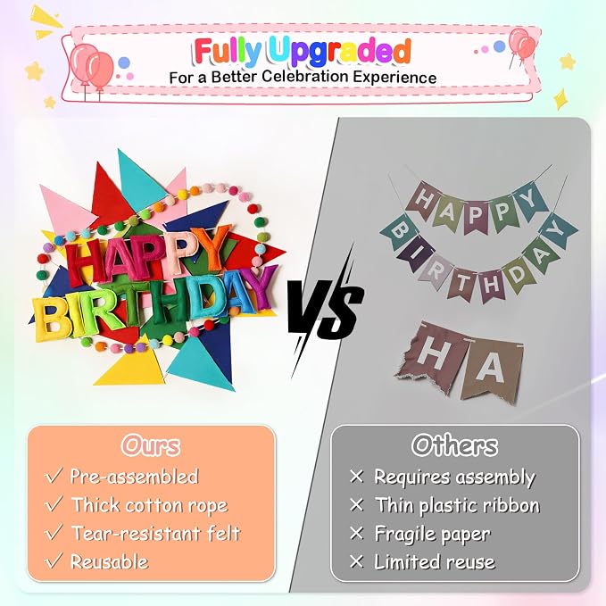 Pre-Strung Happy Birthday Banner, Reusable Felt Birthday Party Decorations, 3D Effect Happy Birthday Sign with Felt Ball Garland, Pennant Flag, Hanging Paper Fans for Men Women Boy Girls (Rainbow)