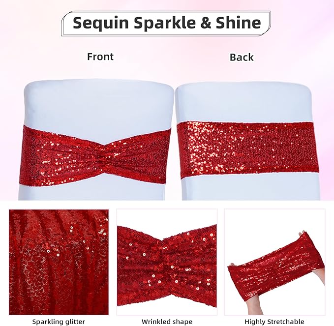 Poise3EHome Red Sequin Chair Sashes Folding Chair Covers Bow for Wedding Party Reception Decorations, 50 PCS