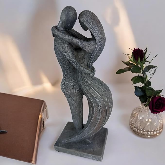 Top Brass Eternal Embrace Romantic Couple Sculpture – 12 1/2” Resin Lovers Statue (Graphite Kiss & Moon-wash Limestone) – Modern Home Décor Wedding Anniversary Love Art (Graphite Kiss)