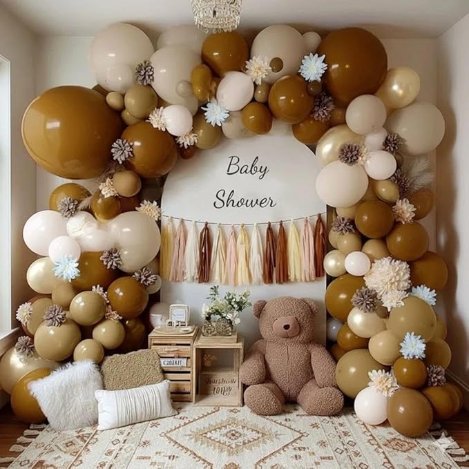 Neutral Balloon Arch Garland Kit - Double Stuffed Nude Beige Brown Cream Gold Balloons with Artificial Flowers Tissue Tassels for Birthday Bear Baby Shower Bridal Party Decoration