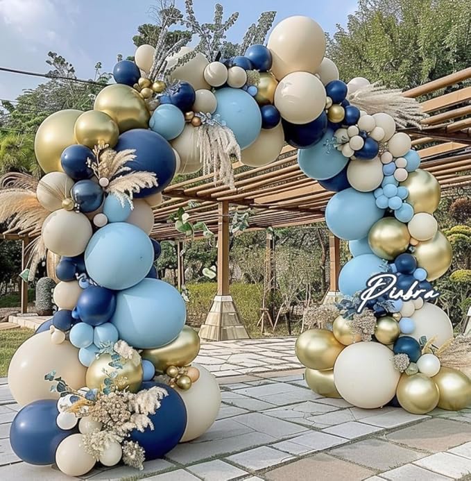 Navy Blue Balloon Garland Double Stuffed Dusty Blue Gold White Sand Balloons Beige Cream Metallic Latex Arch Kit for Neutral Baby Shower Birthday Gender Reveal Father's Day Graduation Party Decoration